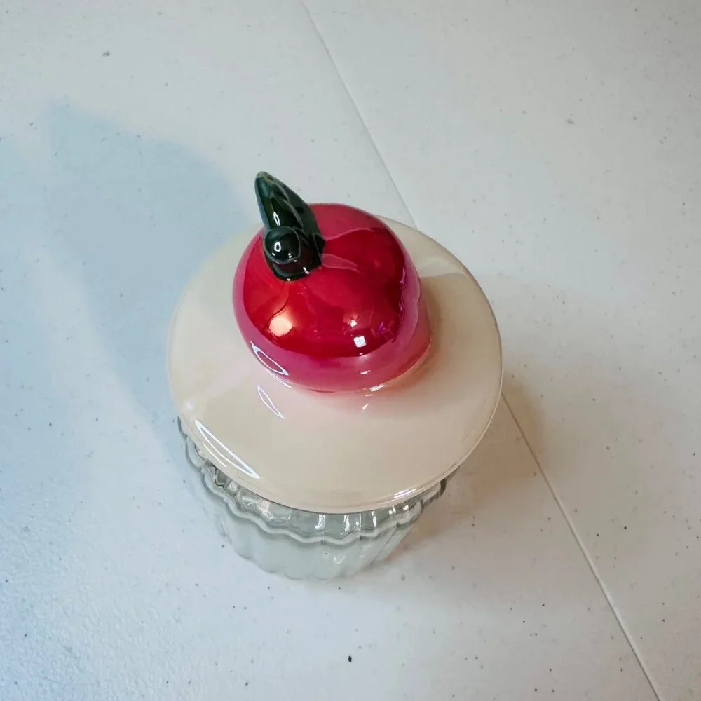 Small Glass Jar With Ceramic Lid with Fruit Handle Decoration
